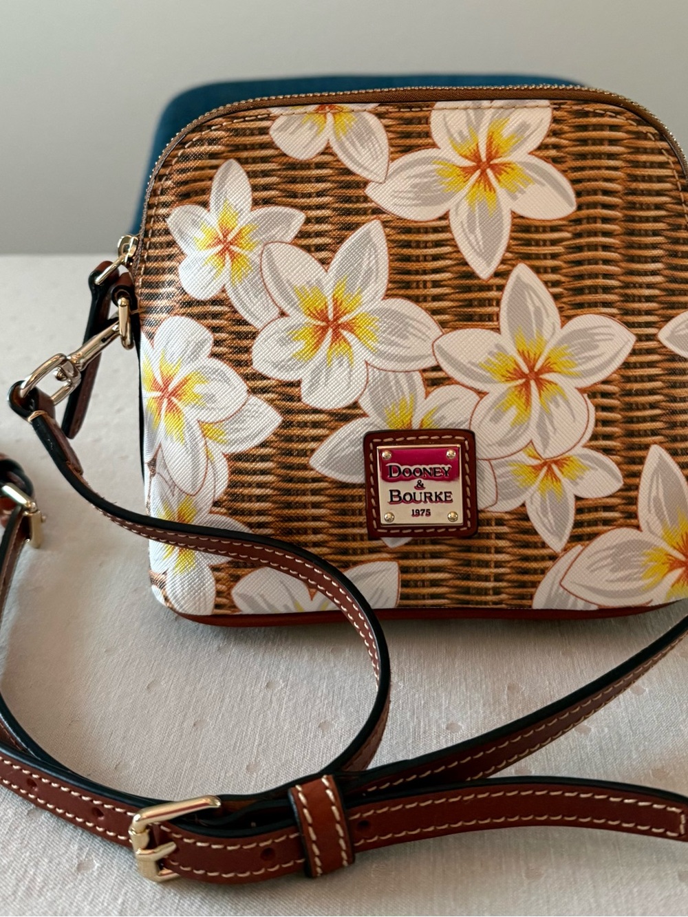 Dooney & Bourke Brown Wicker Floral Crossbody with White & Yellow Plumeria